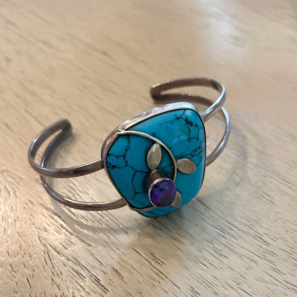 Vintage Sterling Silver Cuff Bracelet with Turquoise-Style Stone & Amethyst - Picture 6 of 10